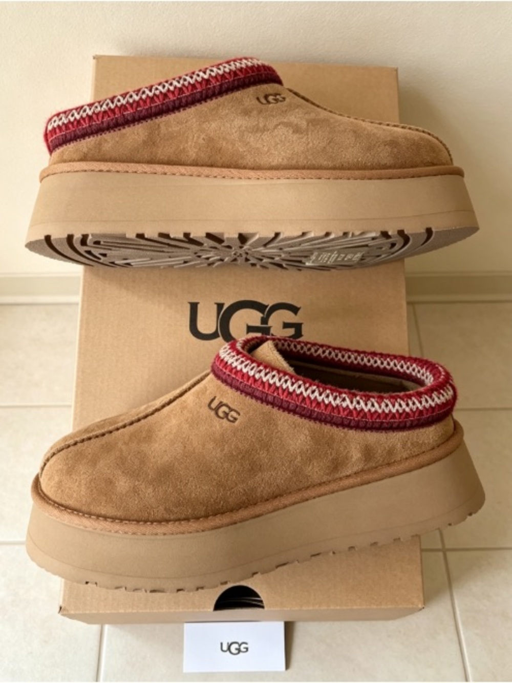 UGG Men’s Chestnut Suede Slip-On Clog with Red Knit Collar